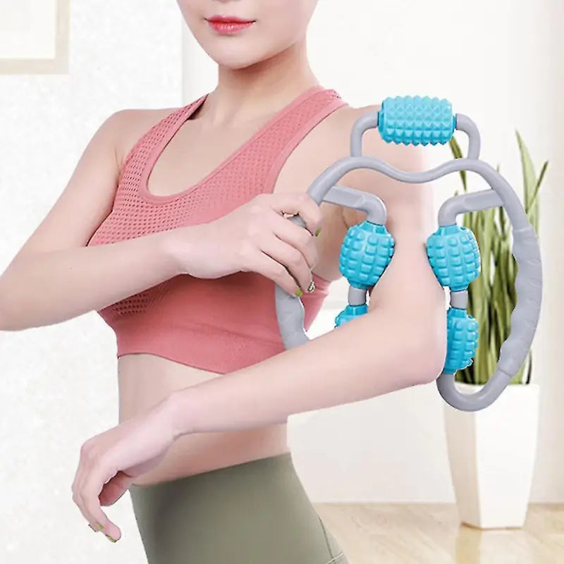 Muscle Massage Roller, 5 Wheels Relieve Soreness Leg Muscle Roller Fitness Roller Muscle Relaxer Massage Roller Ring Clip All Round Massaging Uniform Force Elastic PP Drop Shaped for Home Use